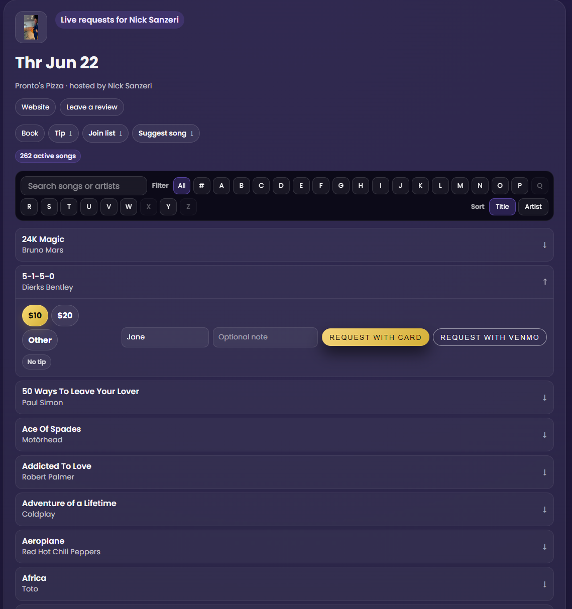 Ready Set Shows request page preview